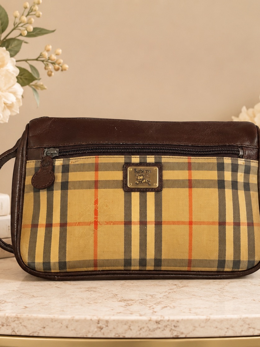 Vintage Burberry Check Leather Clutch | Gold Chain Ready | Classic Plaid